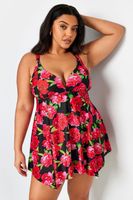 yours vestido de bano negro peonias rojas efecto vientre plano