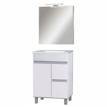 Kibath Mueble De Baño Con Lavabo, Espejo Y Aplique Led Urban 60x45 Cm Acabado Blanco Brillo 2 Cajones Y Puerta