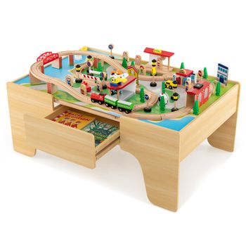Costway Mesa de Juegos de Tren de 84 Piezas de Madera Maciza para Niños Vías de Tren para Niños y Niñas 3+ Años 97 x 62,5 x 39,5 cm Natural
