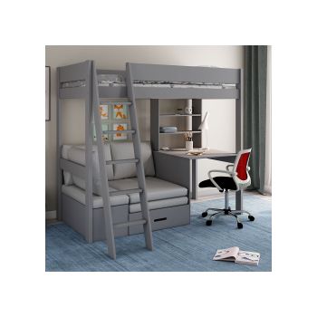 Kids Avenue Estella High Sleeper Bed with Desk and Sofa Bed in Grey - Silver  Grey