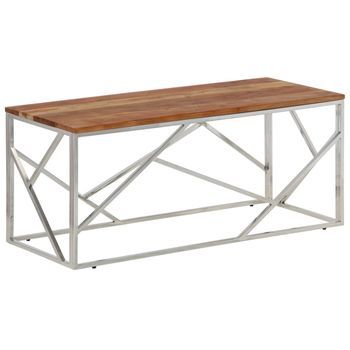 Mesa De Centro 110x45x45 Cm Acero Inoxidable, Madera Maciza De Acacia - Plateado