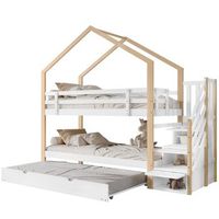 litera infantil con cama nido y cajones cama cabana de madera 90x200cm natural y blanco