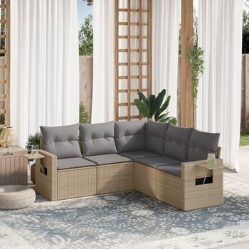 Conjunto De Sofás Jardín Con Cojines 5 Uds | Mueble Jardin Mesa Y Sillas Ratán Sintético Beige Cfw480590