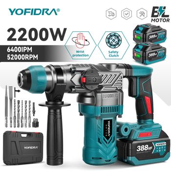 Martillo percutor eléctrico sin escobillas YOFIDRA de 2200W, taladro de impacto de 26MM, destornillador multifunción, herramienta rotativa eléctrica para batería Makita.