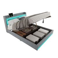cama contenedor 160 x 200 cm con cabecero - leds y puerto usb - tela de lino - estilo contemporaneo - gris