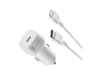 Cargador USB para coche - CellularLine CAR CHARGER KIT, Ultrarrápido, 20 W, Para iPhone, Con cable 100 cm, Tipo C a Lightning, Blanco