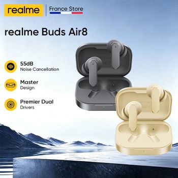 Versión Global realme Buds Air 8 Auriculares con Cancelación de Ruido Ultra Profunda de 55dB, Controladores Duales Premier de 11+6mm, Diseño Master, IP55
