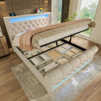 Cama Tapizada De 140x190, Doble, Con Led, Cabecero Con Almacenamiento Con Usb Y Usb-c, Almacenamiento Hidráulico, Terciopelo, Beige, Sin Colchonetas.