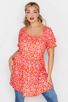 Limited Collection Top Rojo Y Rosa Floral Con Escote Cuadrado, Mujer Curvy Y Tallas Grandes, Yours
