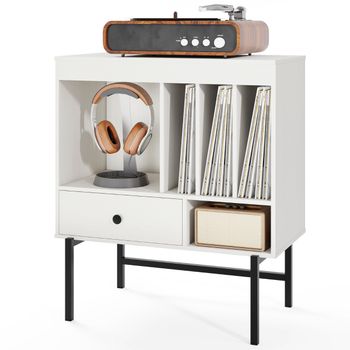 Costway Soporte Grande para Tocadiscos Armario de Vinilos Moderno de Mitad de Siglo con Compartimentos Abiertos Soportes y Cajón para Álbumes Blanco