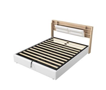 Cama tapizada 160x200cm con somier de láminas, somier hidráulico con espacio de almacenaje, cama de matrimonio con canapé y cabecero con canapé y led,color blanco