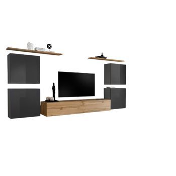 Conjunto De Muebles De Salón Switch Iv Diseño, Color Roble Wotan Y Gris Brillante.