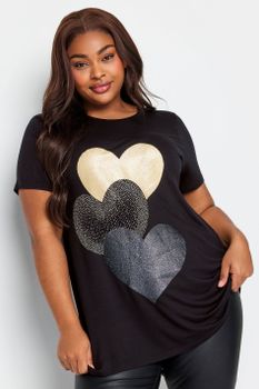 Yours Camiseta Negra De Corazones Con Purpurina, Mujer Curvy Y Tallas Grandes, Yours