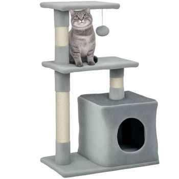PawHut Centro de Actividades para Gatos con Postes de Sisal Plataformas Caja y Bola Colgante 50x30x80 cm Entretenimiento y Descanso   Aosom España