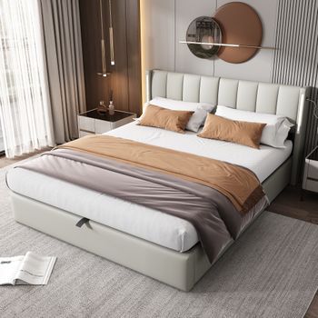 Cama Hidráulica Tapizada Con Led Y Usb, 180x200 Cm, Color Gris Pu.