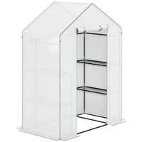 outsunny invernadero de exterior con 6 estantes puerta enrollable cubierta de pe y marco de acero 143x74x190 cm blanco