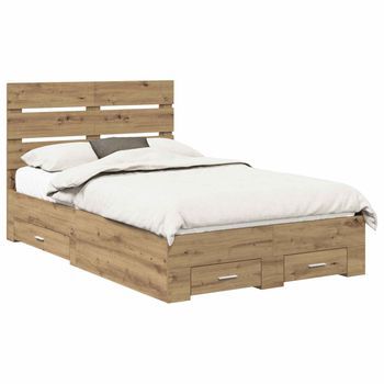 Cama Matrimonial | Cama Para Adulto | Estructura De Cama Con Cajón Roble Artesanal 120 X 190 Cm