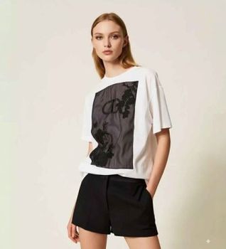 Twinset para mujer. 252TP2053 Camiseta oversize con bordado floral blanco (XS), Casual, Algodón, Manga corta