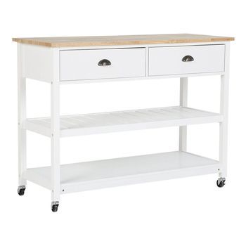 Carrito De Cocina Blanco Encimera Madera Clara 2 Estantes 2 Cajones Para Cubiertos Ruedas Estilo Moderno Escandinavo Navarino