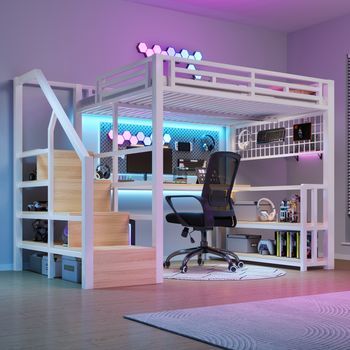 Cama Alta 140 X 200 Cm Con Escritorio, Estantería - Estructura De Hierro - Leds, 2 Puertos Usb Y 1 Puerto Tipo C - Blanco (colchón No Incluido)