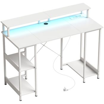HOMCOM Escritorio para Ordenador Reversible con Estantes 120x50 cm Tomas de Corriente y Luces LED Blanco Efecto Madera   Aosom España