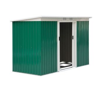 Outsunny caseta de jardín exterior 3,2 m² 280x130x172 cm cobertizo de jardín exterior con puerta corredera techo inclinado base refuerzo (suelo no incluido) y 2 ventanas verde oscuro
