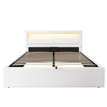 Cama Tapizada Blanca 140 X 200 Cm Con Arcón Abatible, Somier Y Cabecero Led