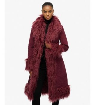 Superdry para mujer. W5012136A Abrigo Long Afghan burdeos (L), Casual, Sintético