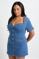 plus denim gold trim button down shift dress azul