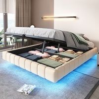 cama tapizada 160x200 cm somier hidraulico almacenamiento led sin cabecero lino beige
