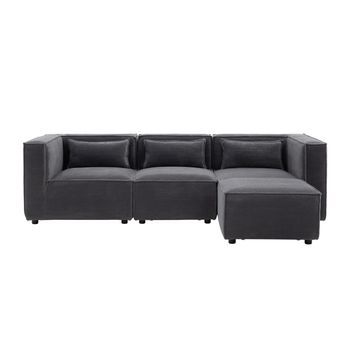 Sofá Modular De 3 Plazas De Terciopelo Gris Con Puf Modular