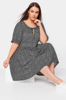 Yours Vestido Negro Textura Con Margaritas, Mujer Curvy Y Tallas Grandes, Yours