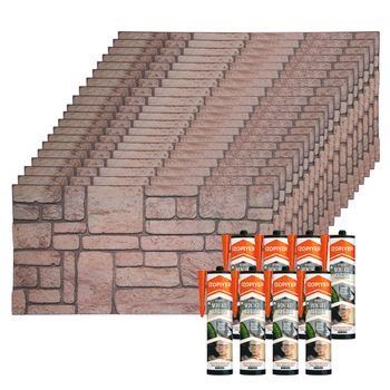 Set De 20 Paneles Decorativos Efecto Piedra Natural En Eps + 8 Botes De Adhesivo De Montaje