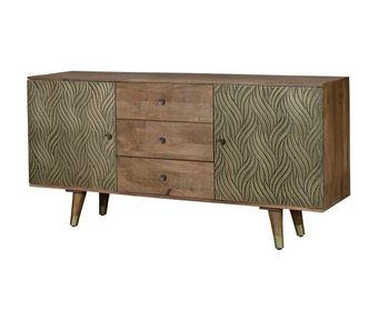 Aparador 3 cajones y 2 puertas fabricado en madera de mango. color marrón/dorado de 78x40x160 cm