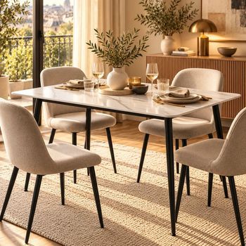 Mesa de comedor rectangular para 4 a 6 personas, dimensiones 140 x 80 cm, con acabado laminado efecto mármol blanco - DIVA