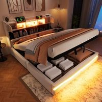 cama tapizada 160x200 cm beige usb-c led almacenamiento cabecero somier hidraulico
