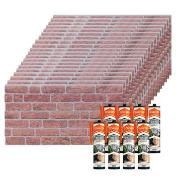 Set De 20 Paneles Decorativos Efecto Ladrillo Clásico En Eps + 8 Botes De Adhesivo De Montaje