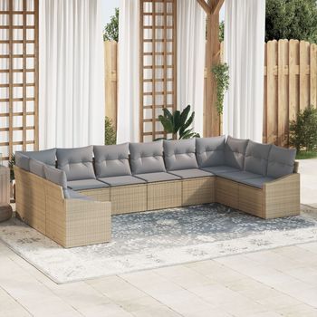 Conjunto De Sofá De Jardín De 10 Piezas Con Cojines Beige Ratán Poliéster V4861 Unico / Gris