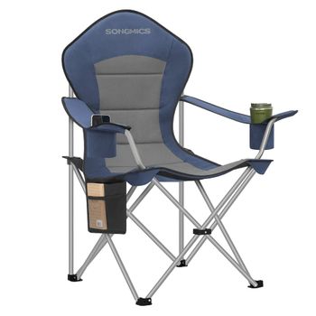 Silla de Camping Plegable con Respaldo Alto y Portavasos, Azul + Gris