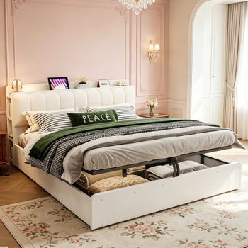 Cama De Madera 180x200 Blanca Con Almacenaje Hidráulico Y Cabecero Tapizado