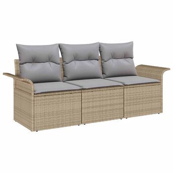 Conjunto De Sofá De Jardín Con Cojín 3 Piezas | Mueble De Jardín Beige Poliratán