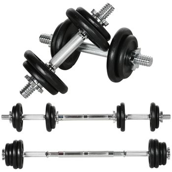 HOMCOM Set de Mancuernas Cortas y Largas 2 en 1 de 20 kg con 8 Discos de Pesas, Hierro Inoxidable, Negro, 95 x 16 x 16A cm