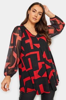 Yours Top Negro Y Rojo Estampado Geométrico, Mujer Curvy Y Tallas Grandes, Yours