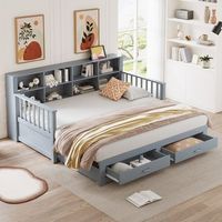 cama sofa abatible de pino macizo con almacenamiento y toma usb 2 cajones somier de lamas gris 90180x190 cm