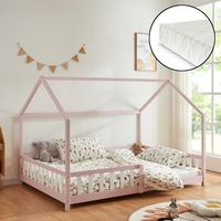 cama infantil hesel en forma de casa con reja y colchon 120x200cm - rosa encasa