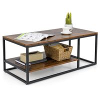costway mesa rectangular de centro industrial de 2 niveles mesa de madera con estante de almacenamiento y marco de metal 105 x 50 x 425 cm marron