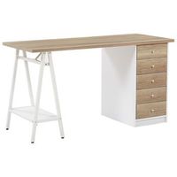 escritorio para oficina en casa tablero de madera clara 140 x 60 cm con cajones marco blanco heber