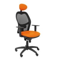 silla de oficina ergonomica con mecanismo sincro brazos regulables y ajustable en altura  respaldo de malla transpirable en color negro y asiento tapizados en tejido similpiel color naranja con cabecero piqueras y crespo modelo jorquera