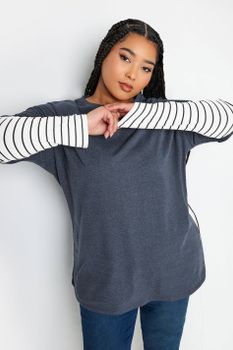 Yours Camiseta Azul Con Rayas Efecto Doble Capa, Mujer Curvy Y Tallas Grandes, Yours