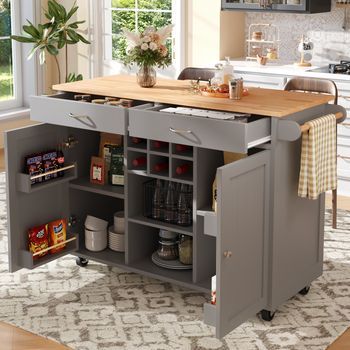 Isla De Cocina, 102 Cm, Multifuncional, Acabado Imitación Madera, Gris.